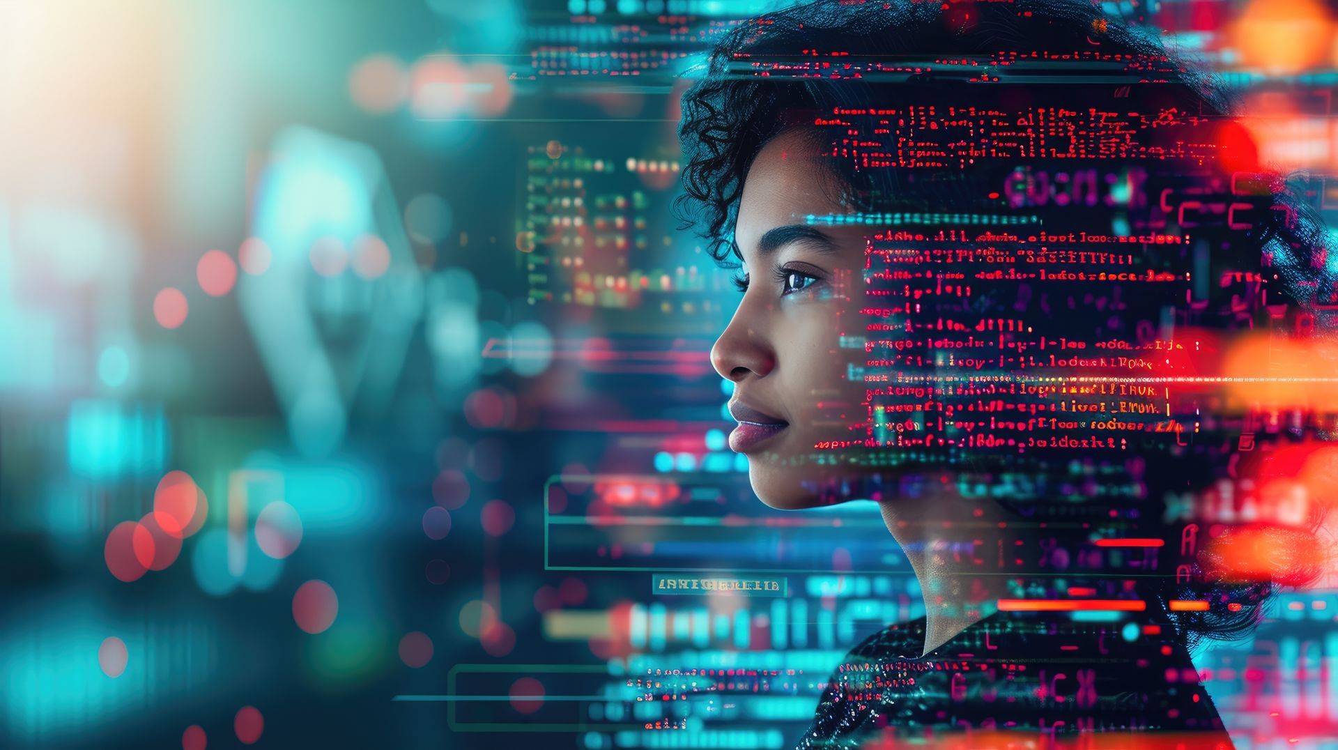 Woman with curly hair, profile view, overlaid with red and blue digital code, blurred background.