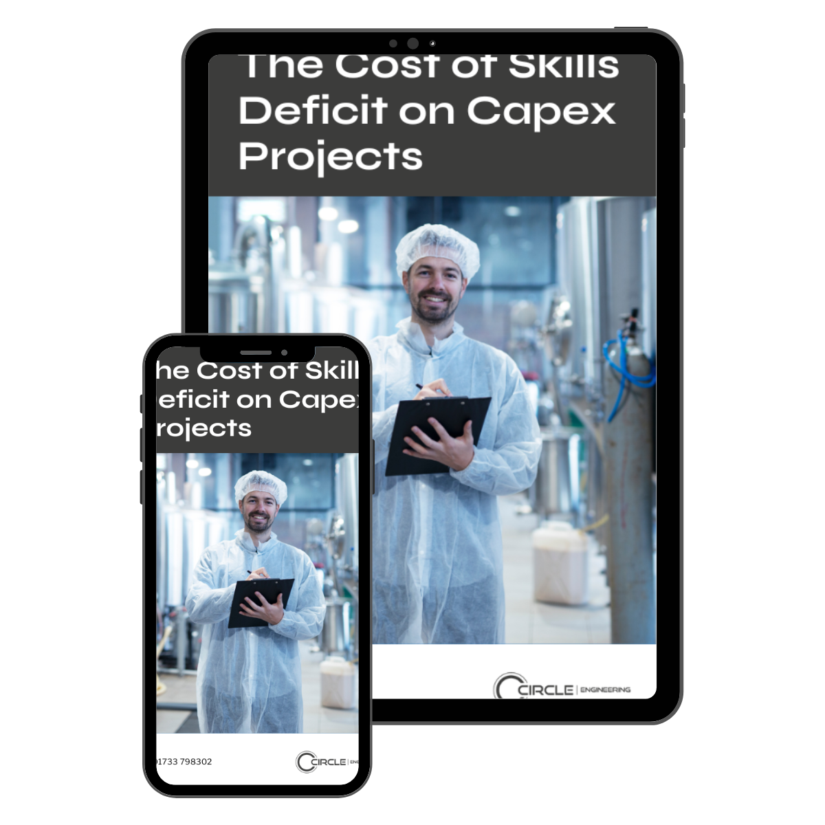 The cost of skills deficit on capex projects is shown on a tablet and a cell phone.