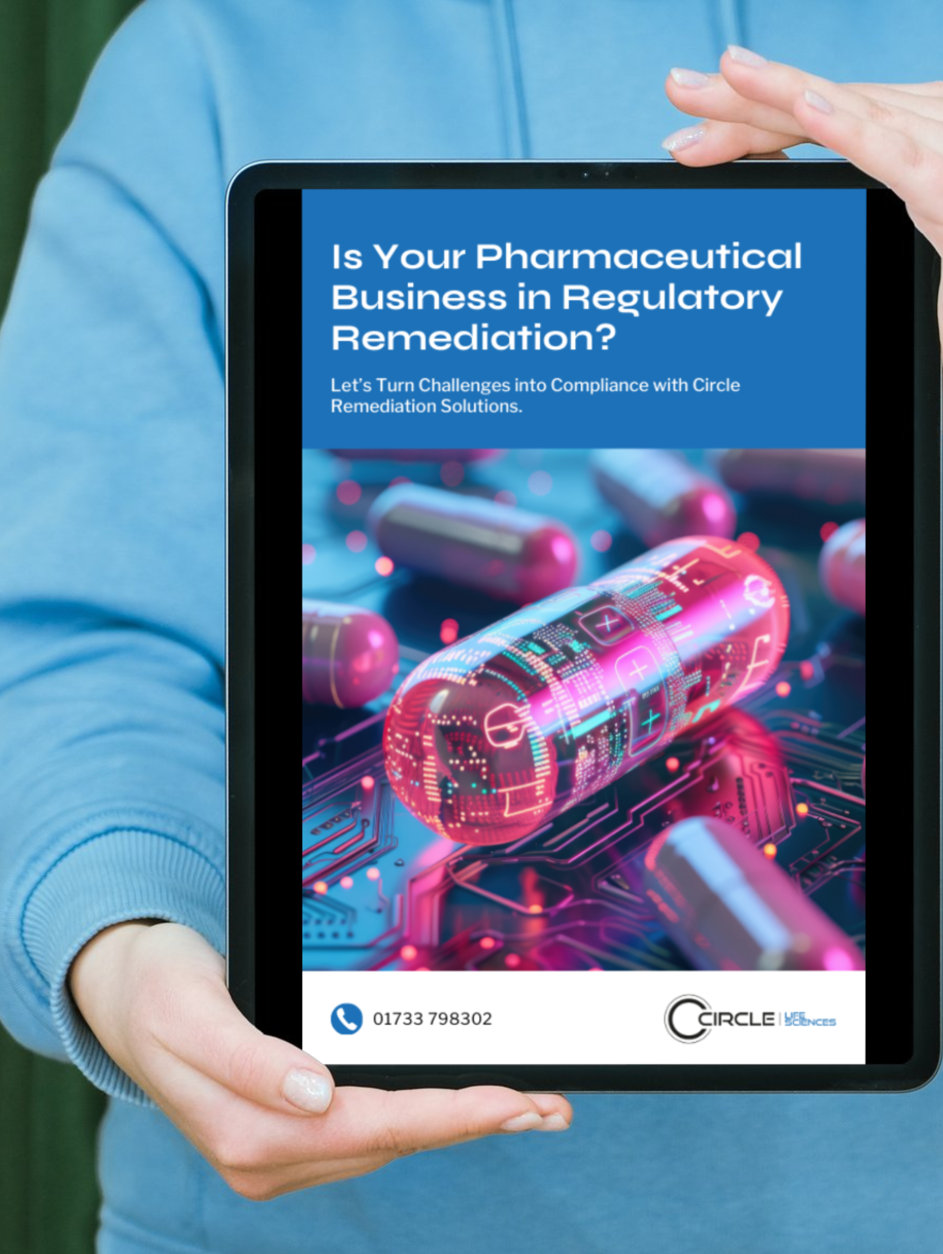 A person is holding a tablet that says `` is your pharmaceutical business in regulatory remediation ? ''