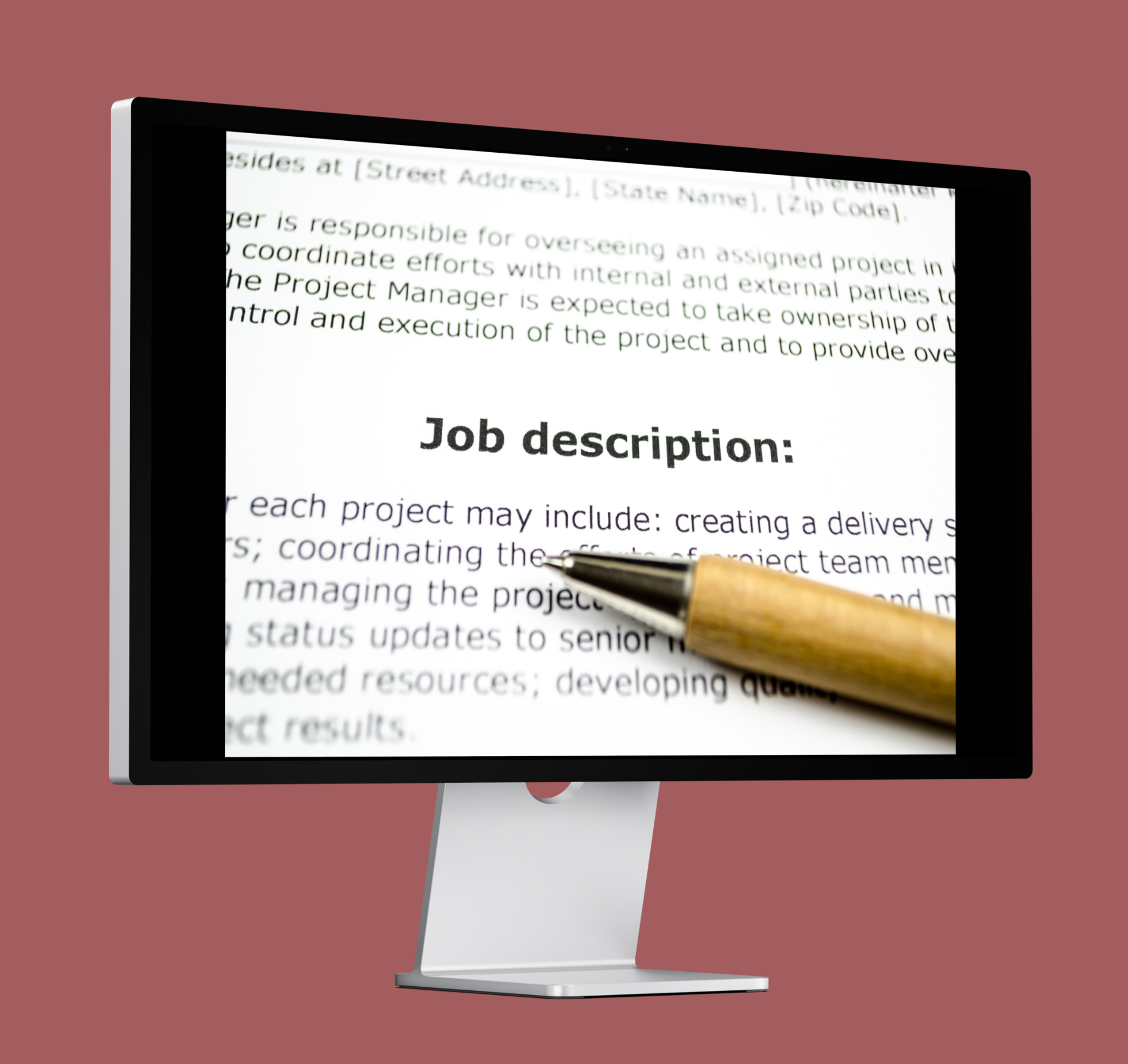 A computer monitor with a job description on it