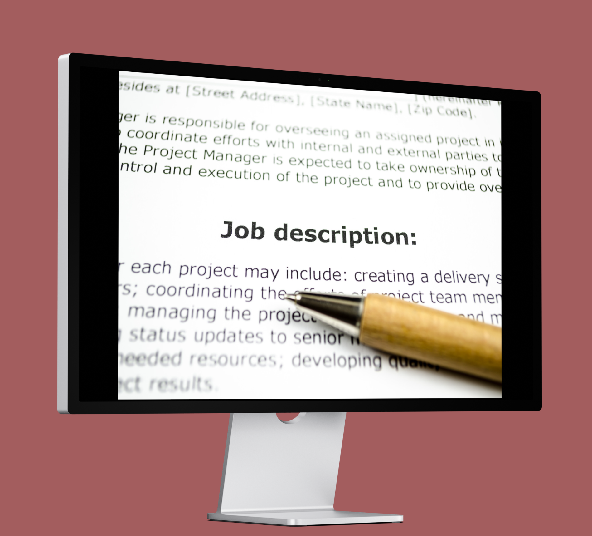 A computer monitor displays a job description for a project manager