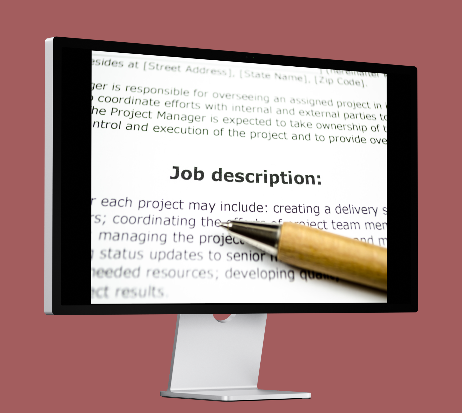 A computer monitor displays a job description for a project manager