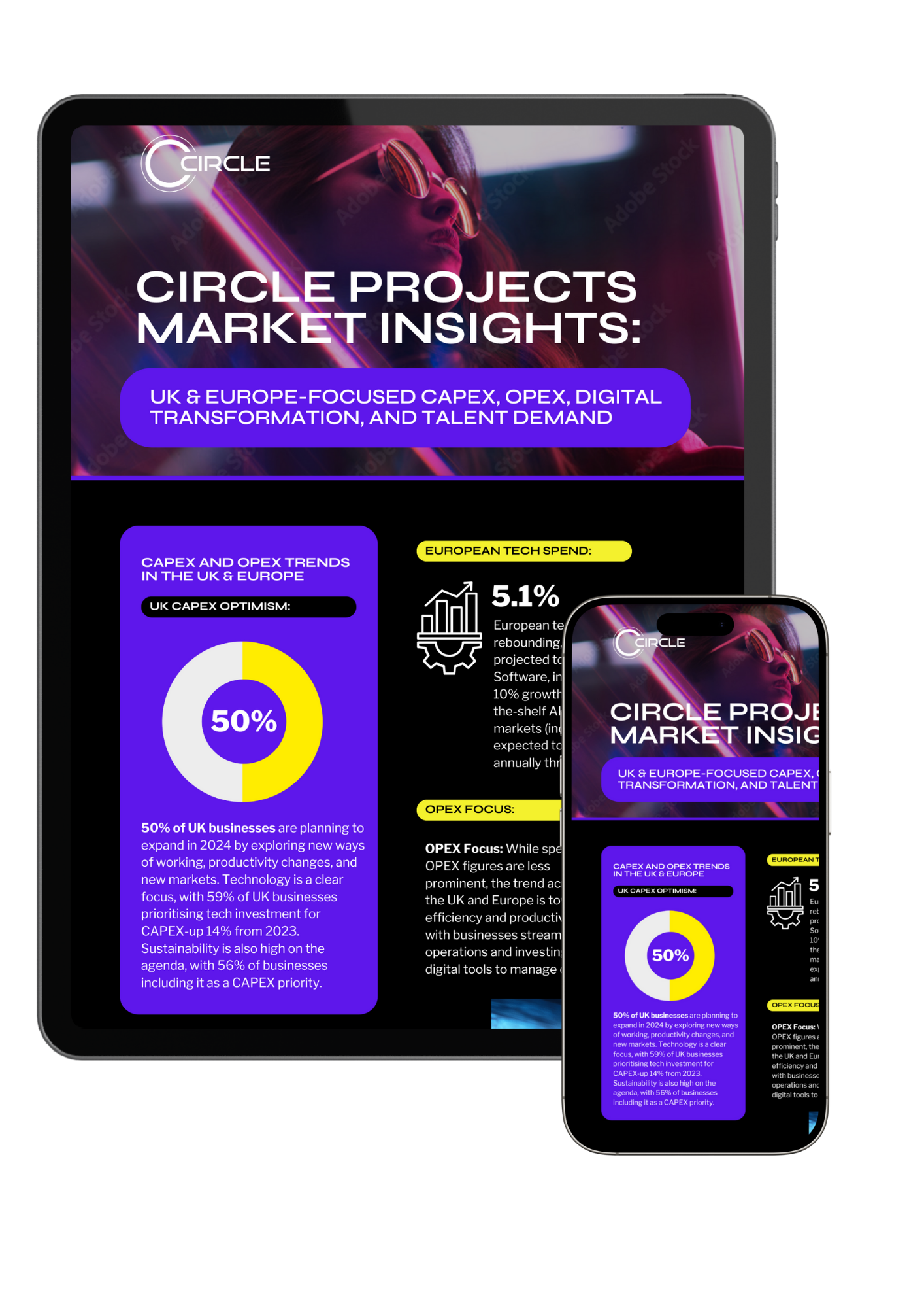 Tablet and phone displays market insights on digital transformation and talent demand. Purple and yellow graphics.