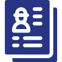 A blue icon of a stack of papers with numbers on them.
