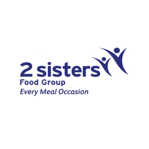 Logo of 2 Sisters Food Group, dark blue text and figures,