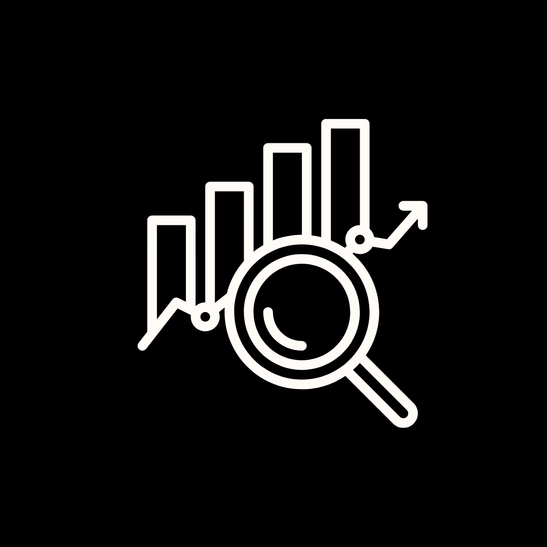 A magnifying glass is looking at a graph on a black background.