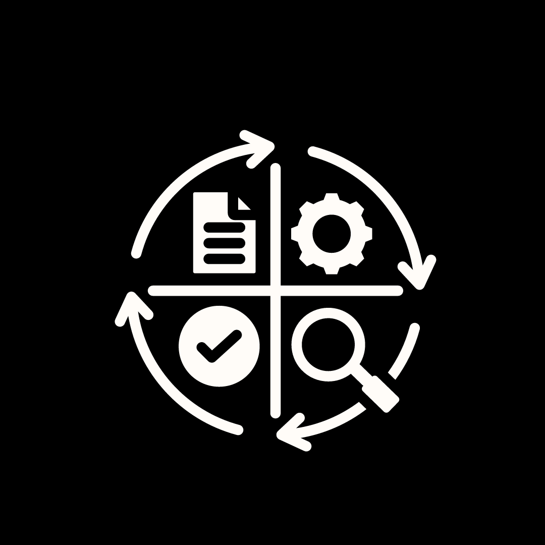 A white icon of a circle with arrows , a check mark , a gear , and a magnifying glass.