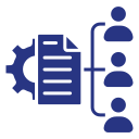 A blue icon of a gear , a piece of paper , and a group of people.