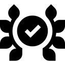A black and white icon of a check mark in a circle surrounded by leaves.