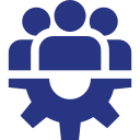 A group of people sitting around a table with a gear in the middle.