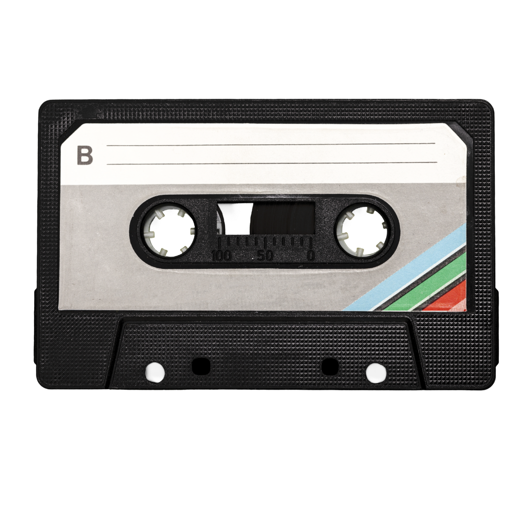 Black audio cassette tape with grey label and colored stripes.