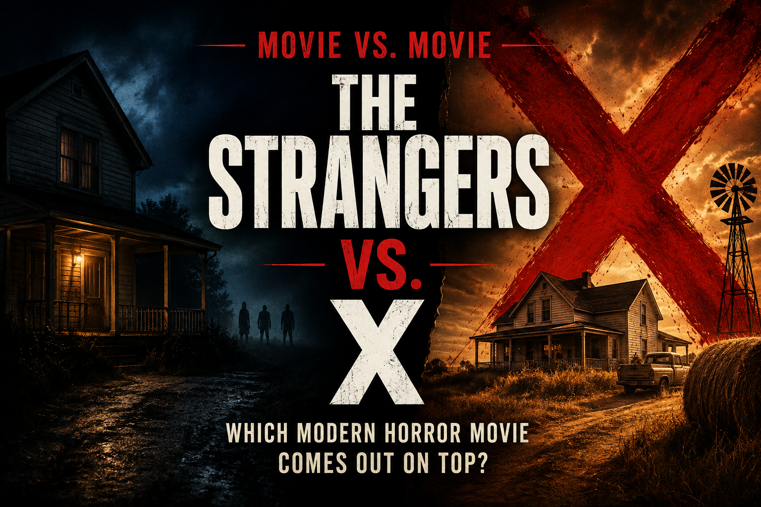 Movie poster for “The Strangers vs. X” with a dark haunted house scene and red text asking which horror movie wins