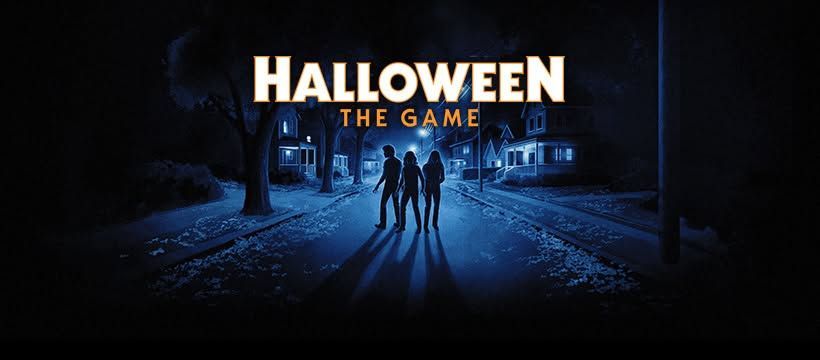 Halloween: The Game title over a dark blue night scene with three figures on a foggy street
