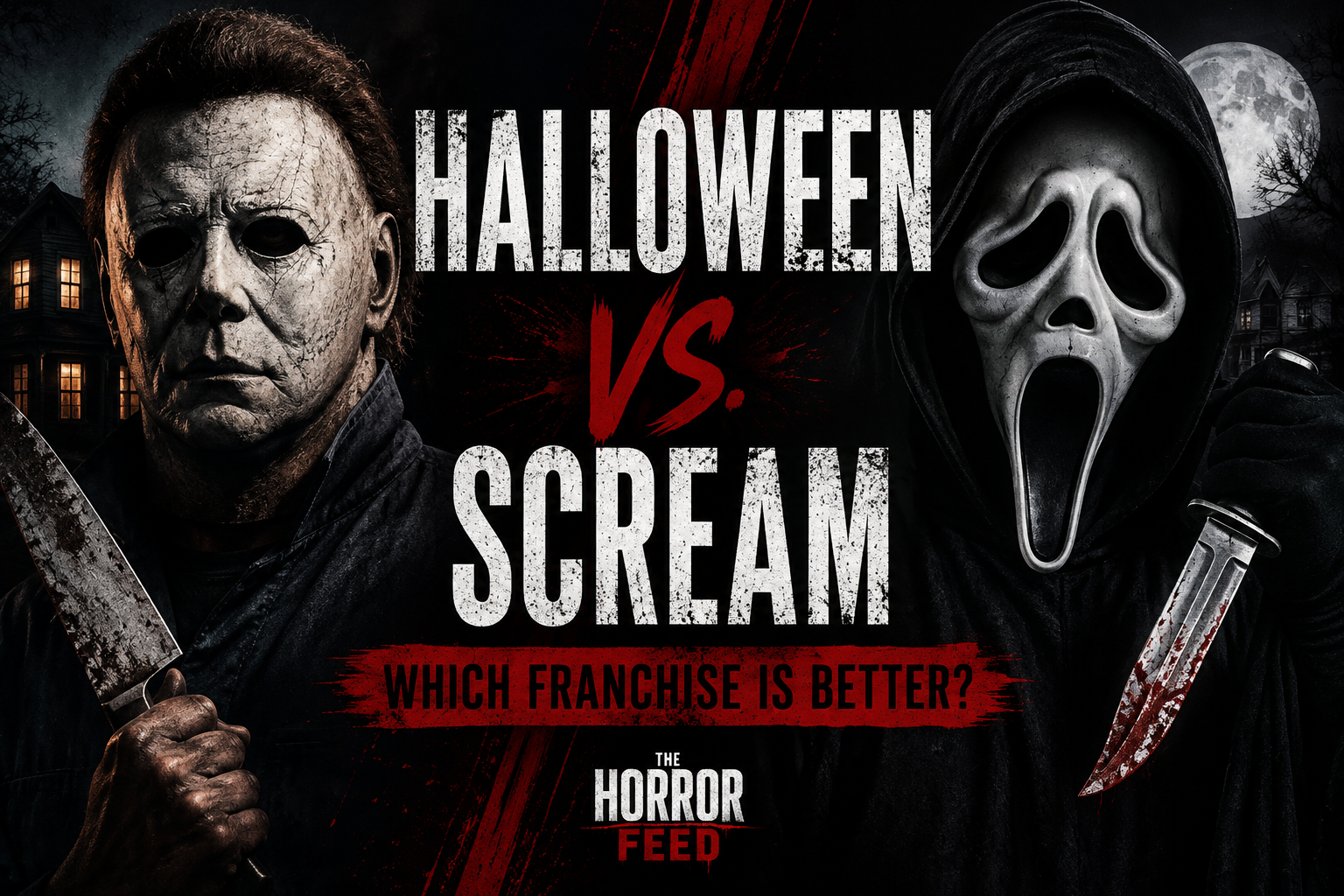 Halloween vs. Scream poster with Michael Myers and Ghostface holding knives on a dark background