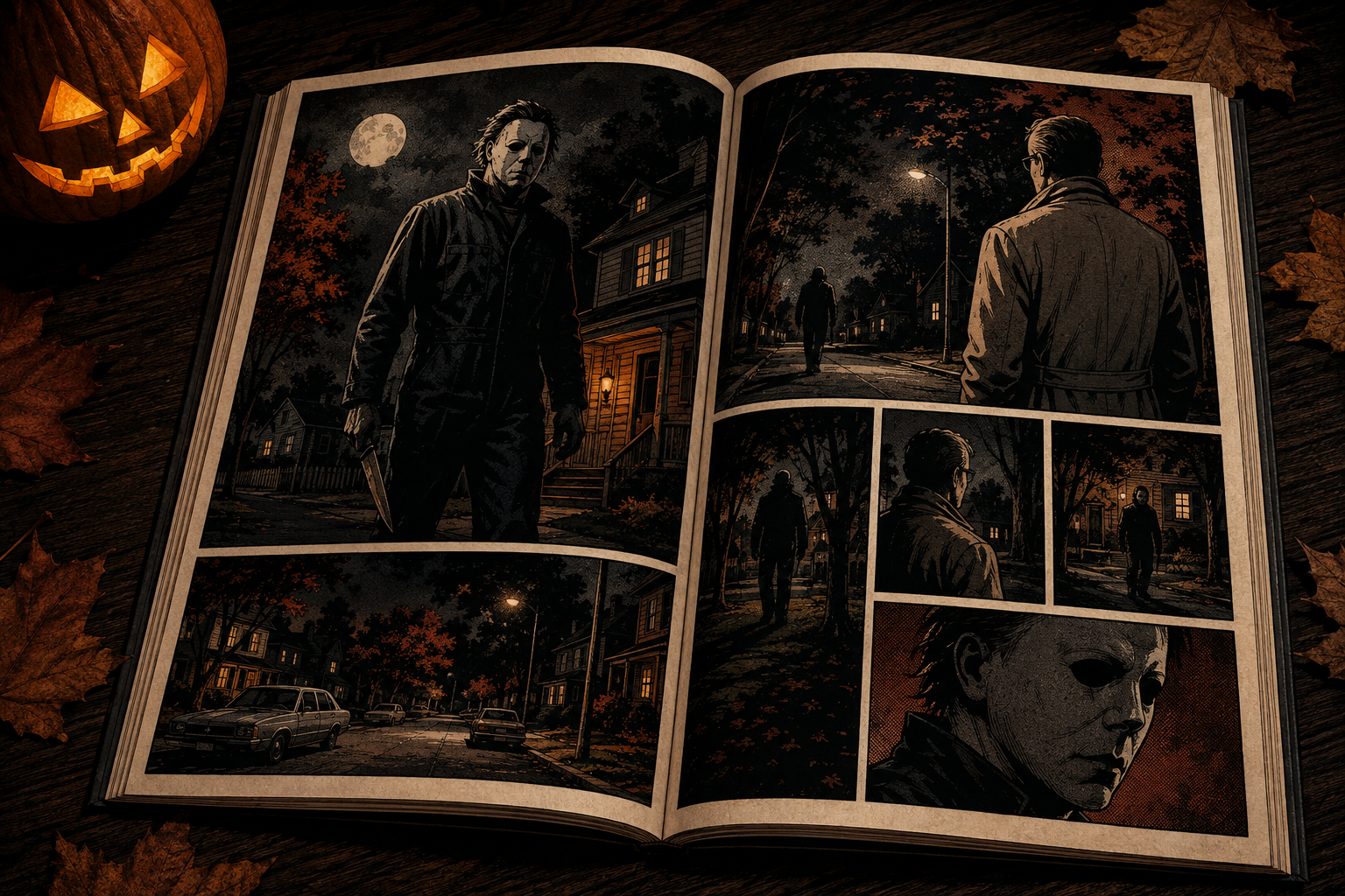 comic artwork showing michael myers stalking a 1978 suburb beside an open horror comic book.