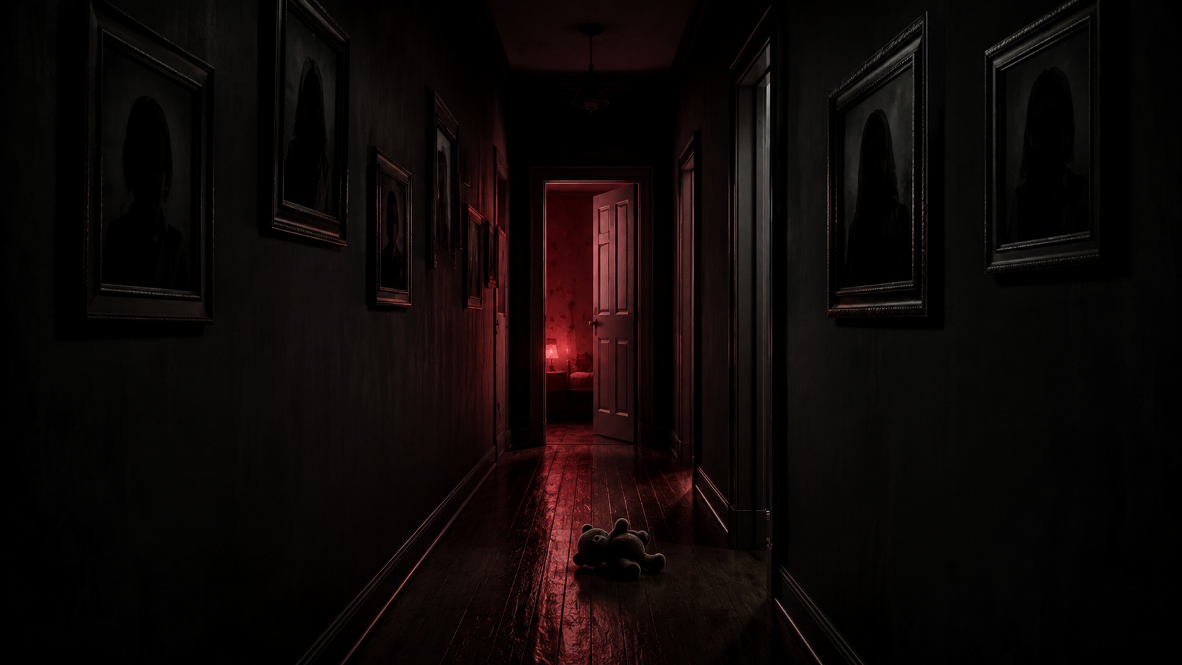 AI-generated concept artwork showing a dark family hallway with a red glow and an abandoned teddy bear on the floor.