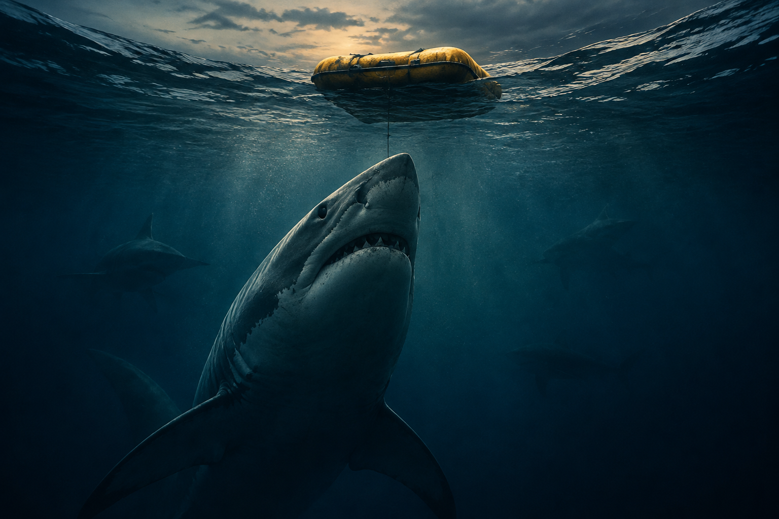 AI-generated ocean-horror artwork showing a giant great white shark rising beneath a weathered yellow raft at dusk.