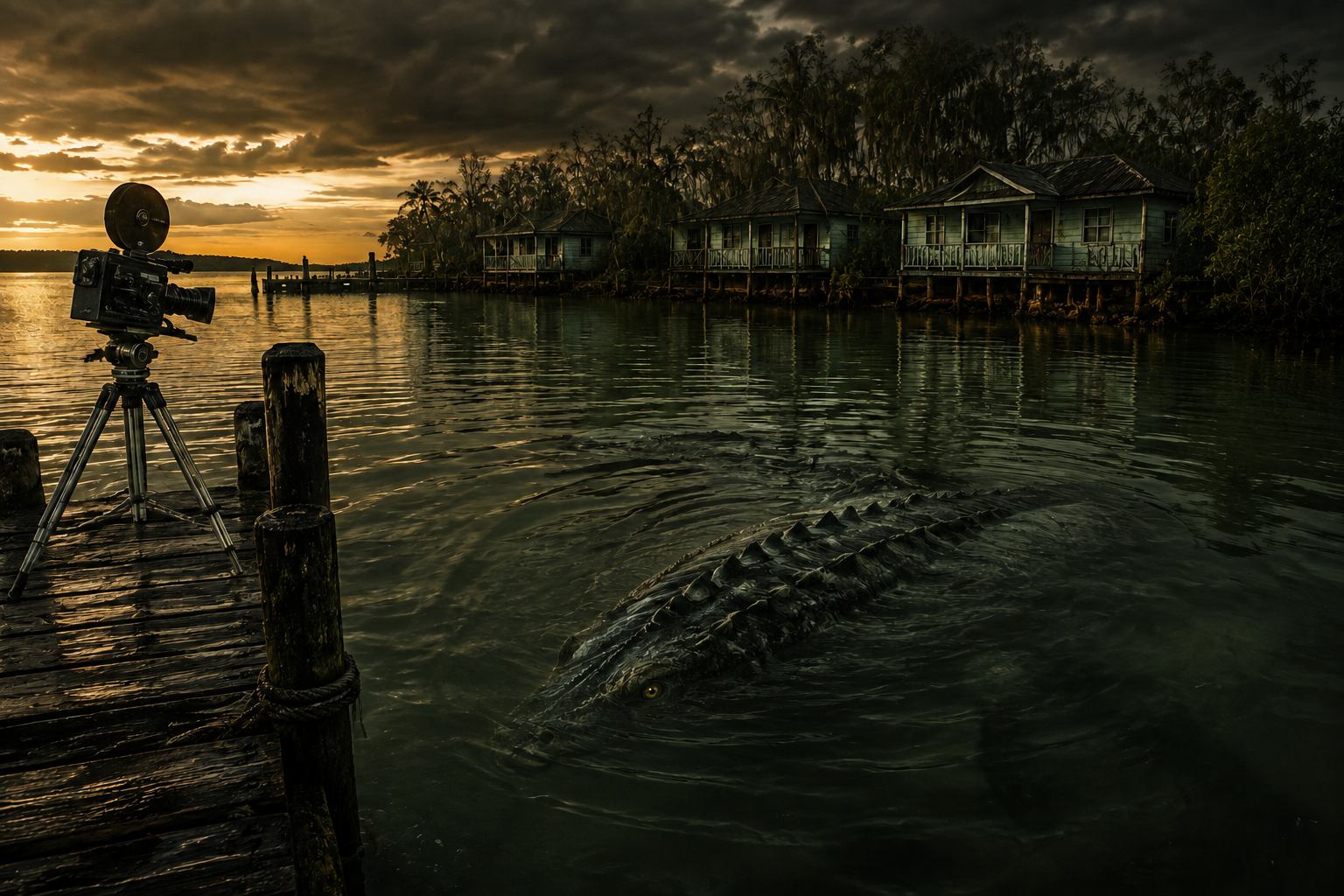 AI-generated concept artwork showing a hidden lagoon creature near an old film camera and cypress-lined island resort.