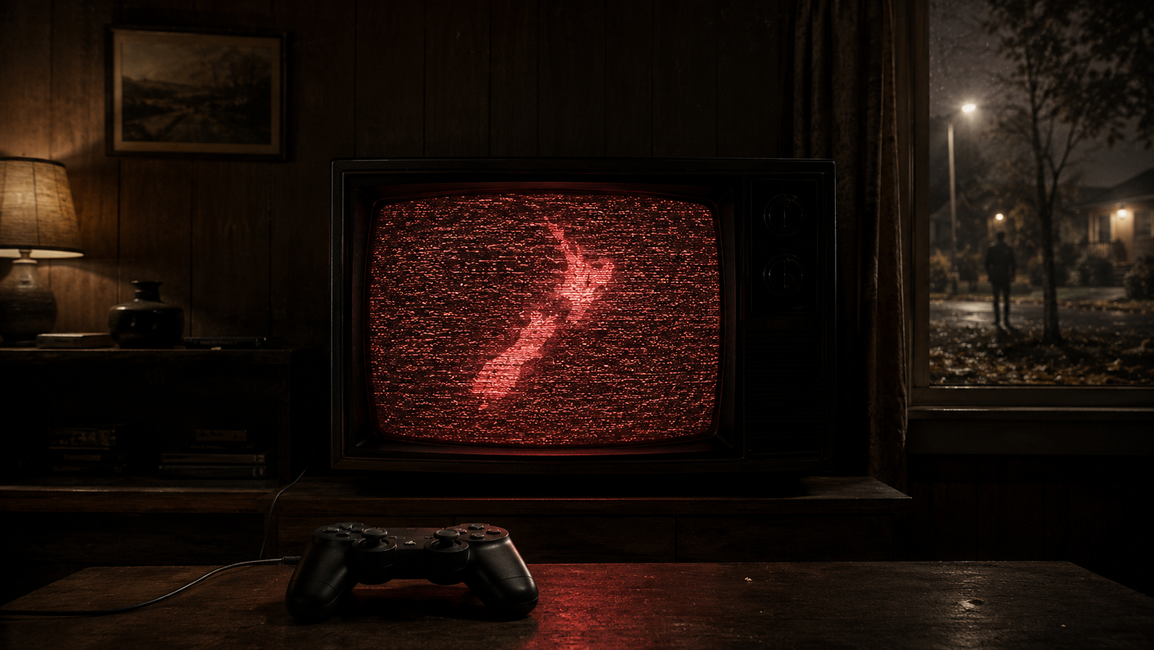 Dark room with a glowing red TV static, a game controller on the table, and a rainy window view