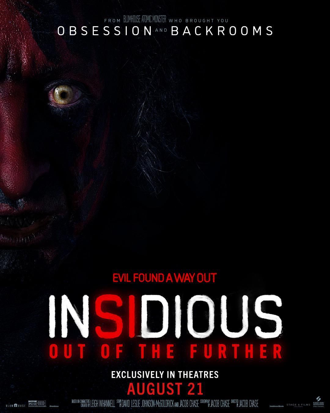 Dark horror movie poster for Insidious: Out of the Further with a sinister face in shadow and red title text.