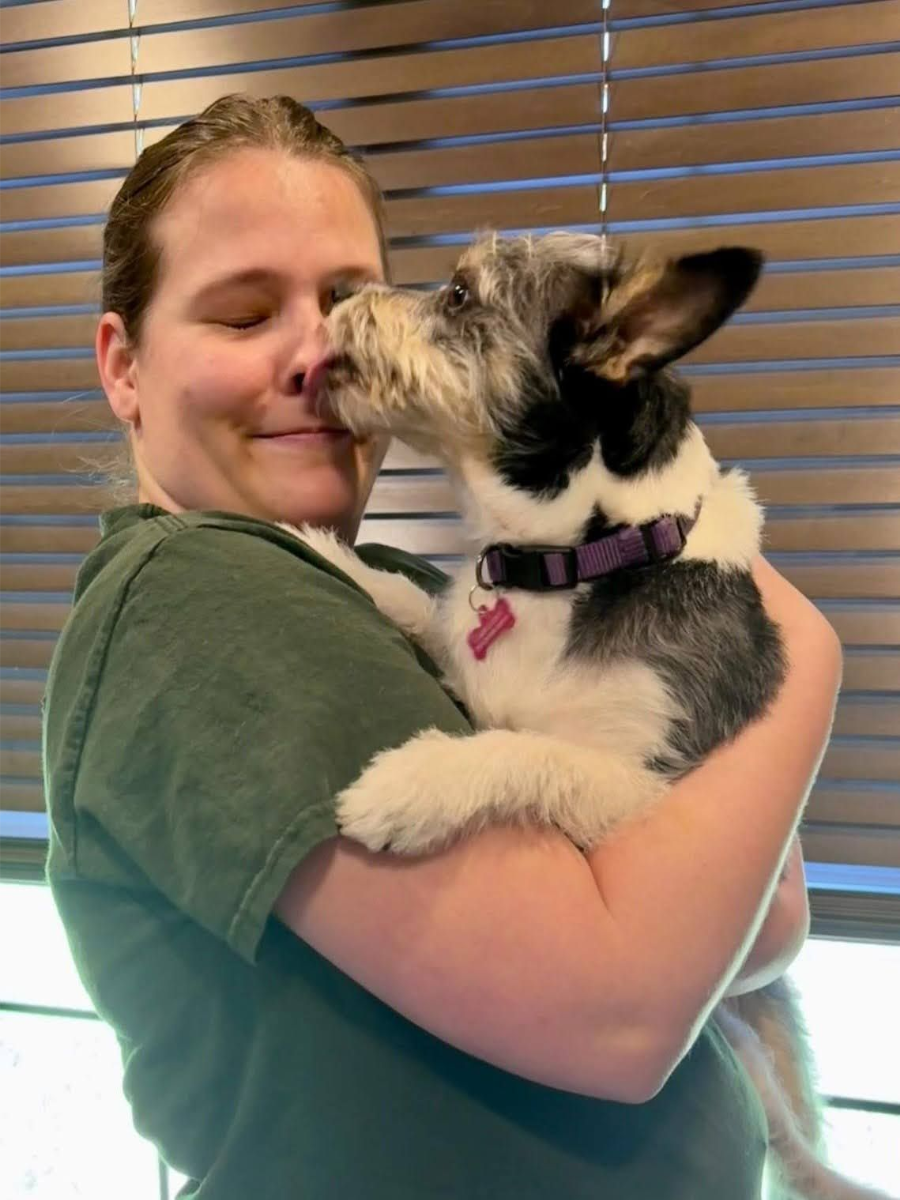 Person holding a small dog in a purple harness, both nuzzling with eyes closed.