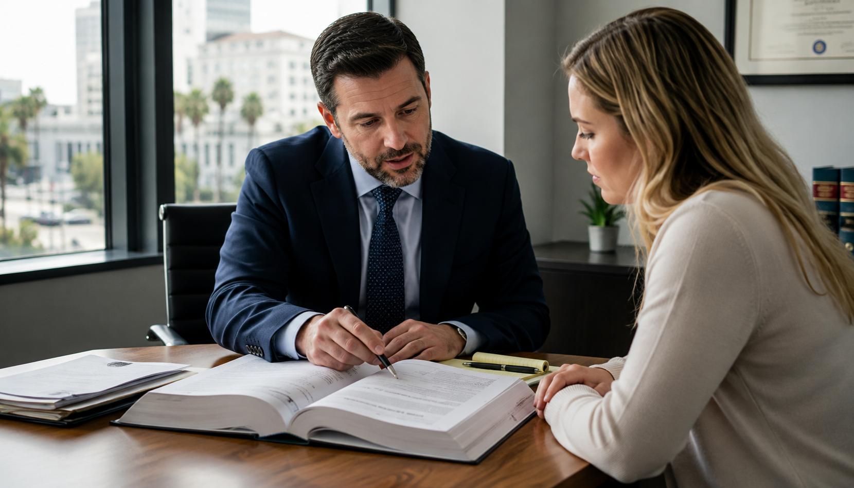 DUI Defense Lawyer in Renton, WA reviews case documents with a client during a focused legal consultation at the office.
