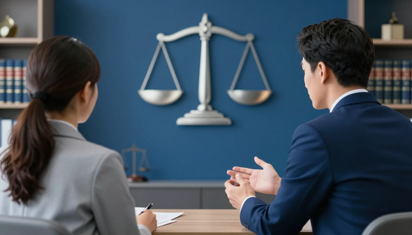 DUI Defense Lawyer in Renton, WA consulting with a client beside scales of justice