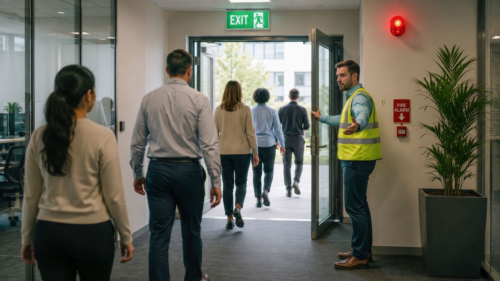 People walking toward an open exit door while a security guard stands nearby in a hallway. People walking toward an open exit door while a security guard stands nearby in a hallway.