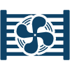 Blue illustration of a fan behind horizontal bars, possibly for a radiator or air conditioner.