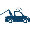 Dark blue tow truck with flashing light.