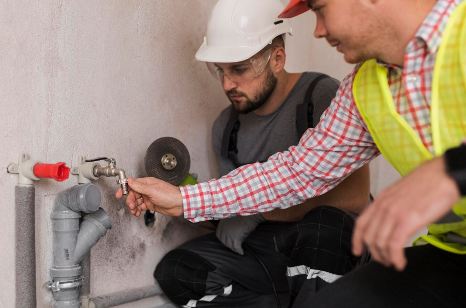 Two Workers Examining Plumbing Pipes — Vantage Plumbing and Drainage In Pacific Pines, QLD