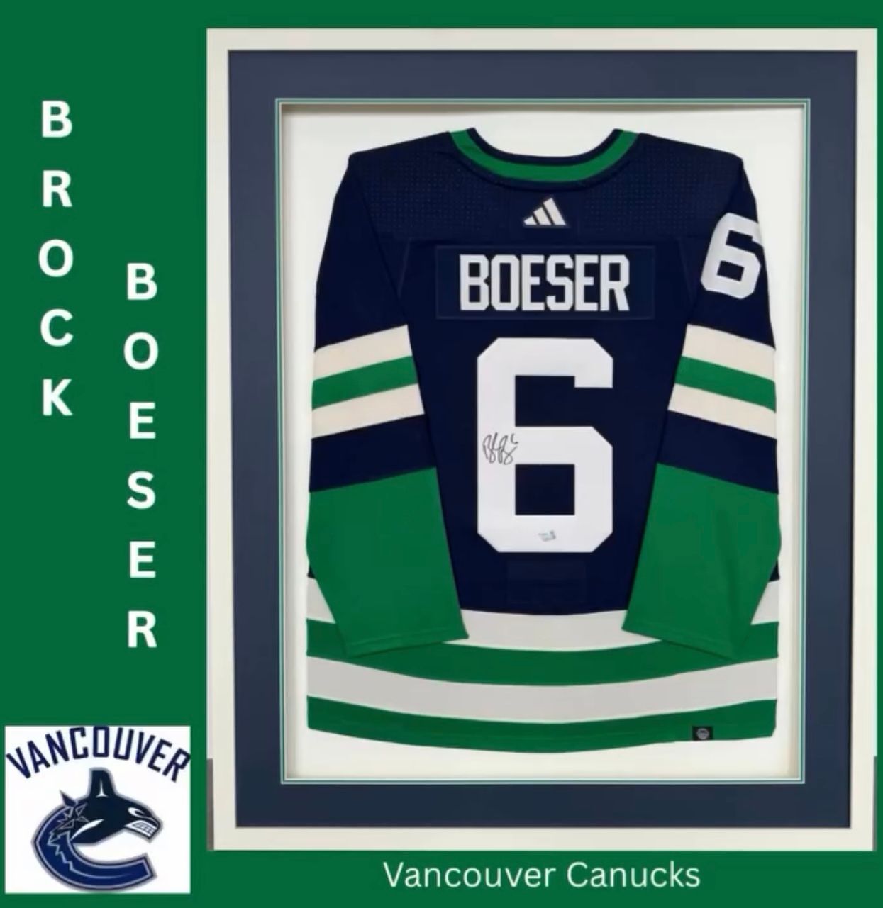 Framed Brock Boeser Vancouver Canucks hockey jersey Signature visible on the number 6. — Framing Alternative in Erina Heights, NSW