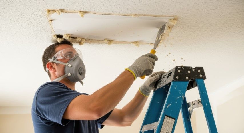 Worker in a mask and gloves repairs a ceiling hole while standing on a blue ladder