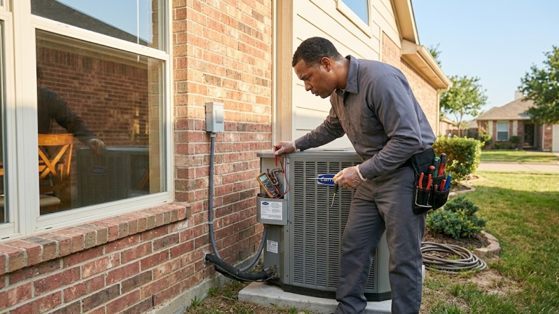 air conditioning repair technician checking outdoor condenser