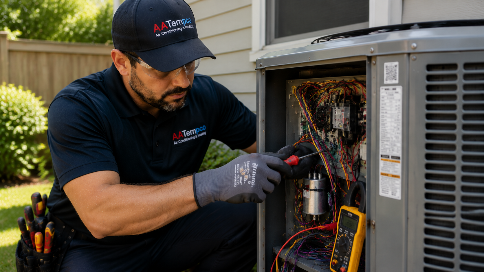 Professional air conditioning repair technician at work