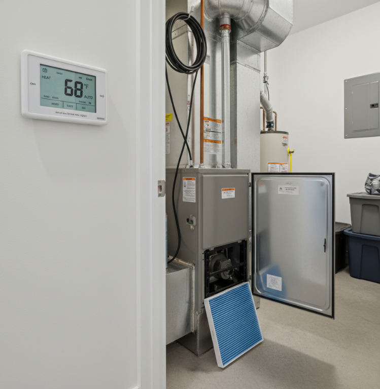 White-walled utility room with a furnace, water heater, thermostat, and filter. The thermostat reads 68 degrees.