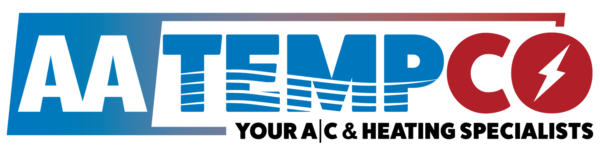 Logo for AA Temp Co, featuring white text on blue and red background, with lightning bolt icon.