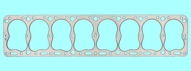 A silver head gasket with seven large, rounded openings and numerous smaller holes, set against a light blue background.