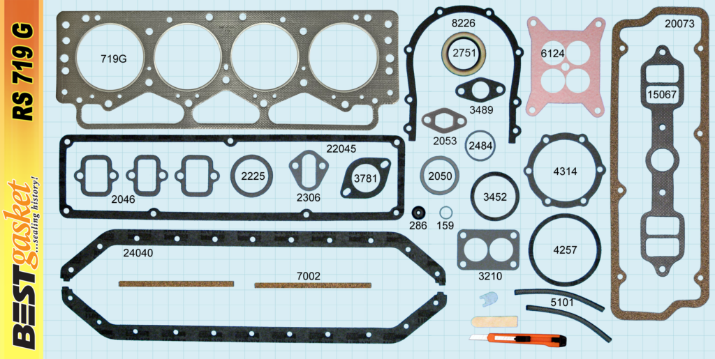 Various automotive exhaust gaskets and rings laid out on a wooden surface. Different shapes and sizes, mainly black and silver.