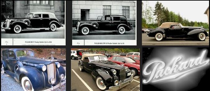 A collage featuring multiple Packard automobiles, some in black and white photos, others in color, and one with the Packard logo.