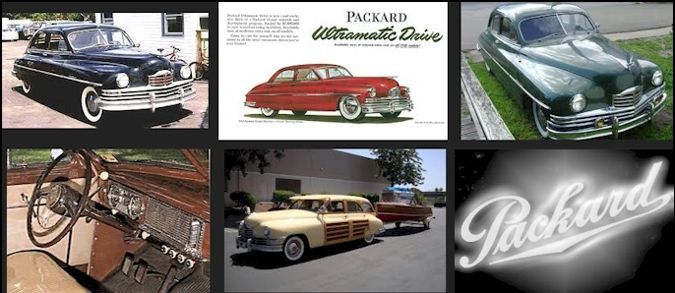 Collection of Packard car images including a black sedan, interior, advertising, and the Packard logo.