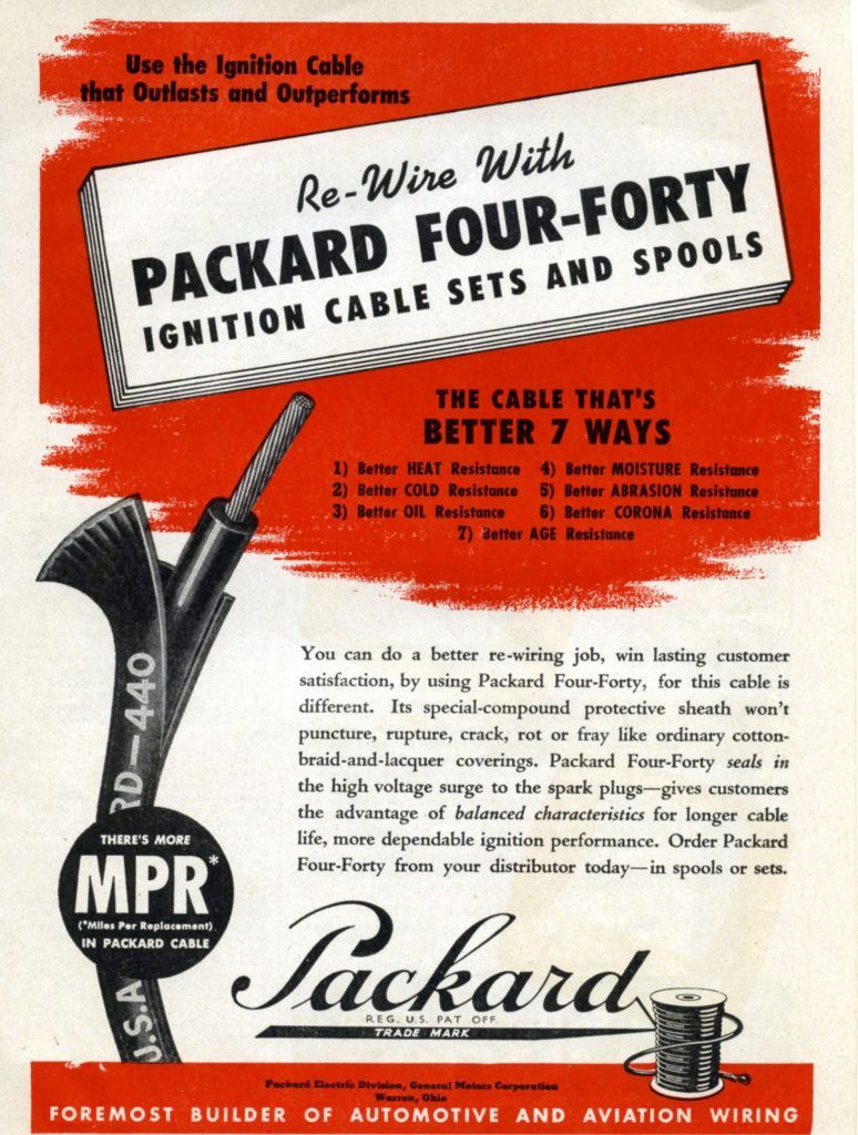 Vintage Packard Four-Forty ignition cable advertisement in red, white, and black. It features cable sets, spools, and claims 