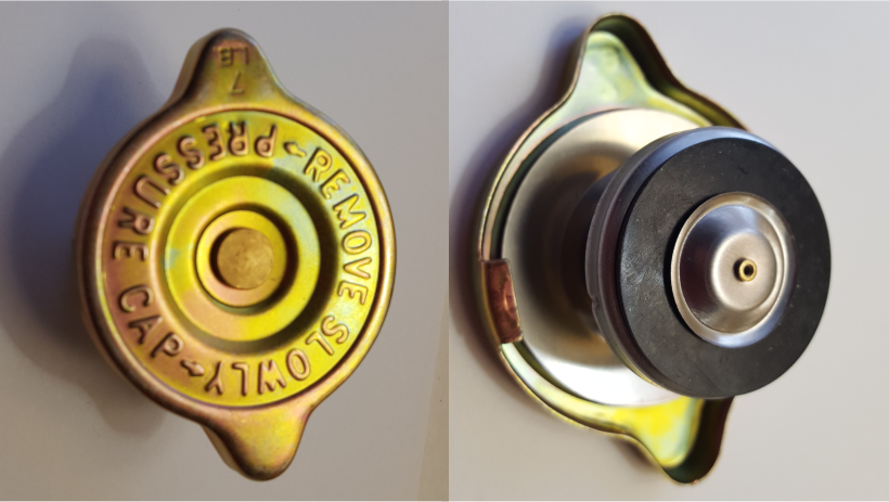 Two views of a yellow radiator cap, showing the top with