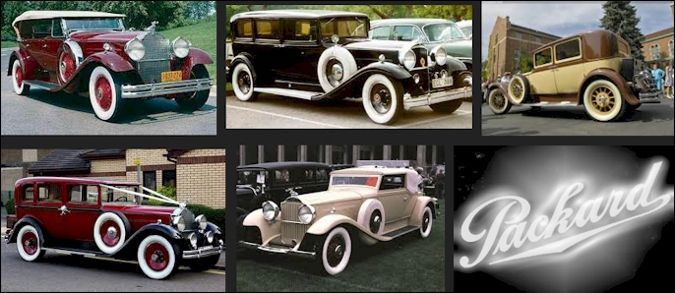 Assortment of vintage Packard automobiles in various colors, plus the Packard logo in neon.
