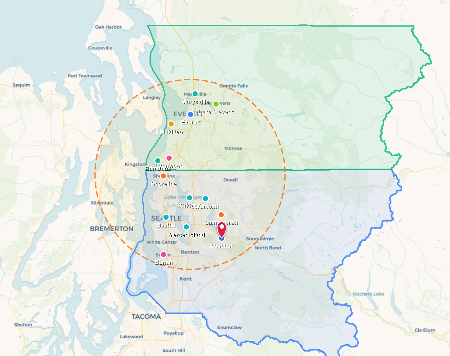 Map with colored boundary outlines and many location markers around a central area.