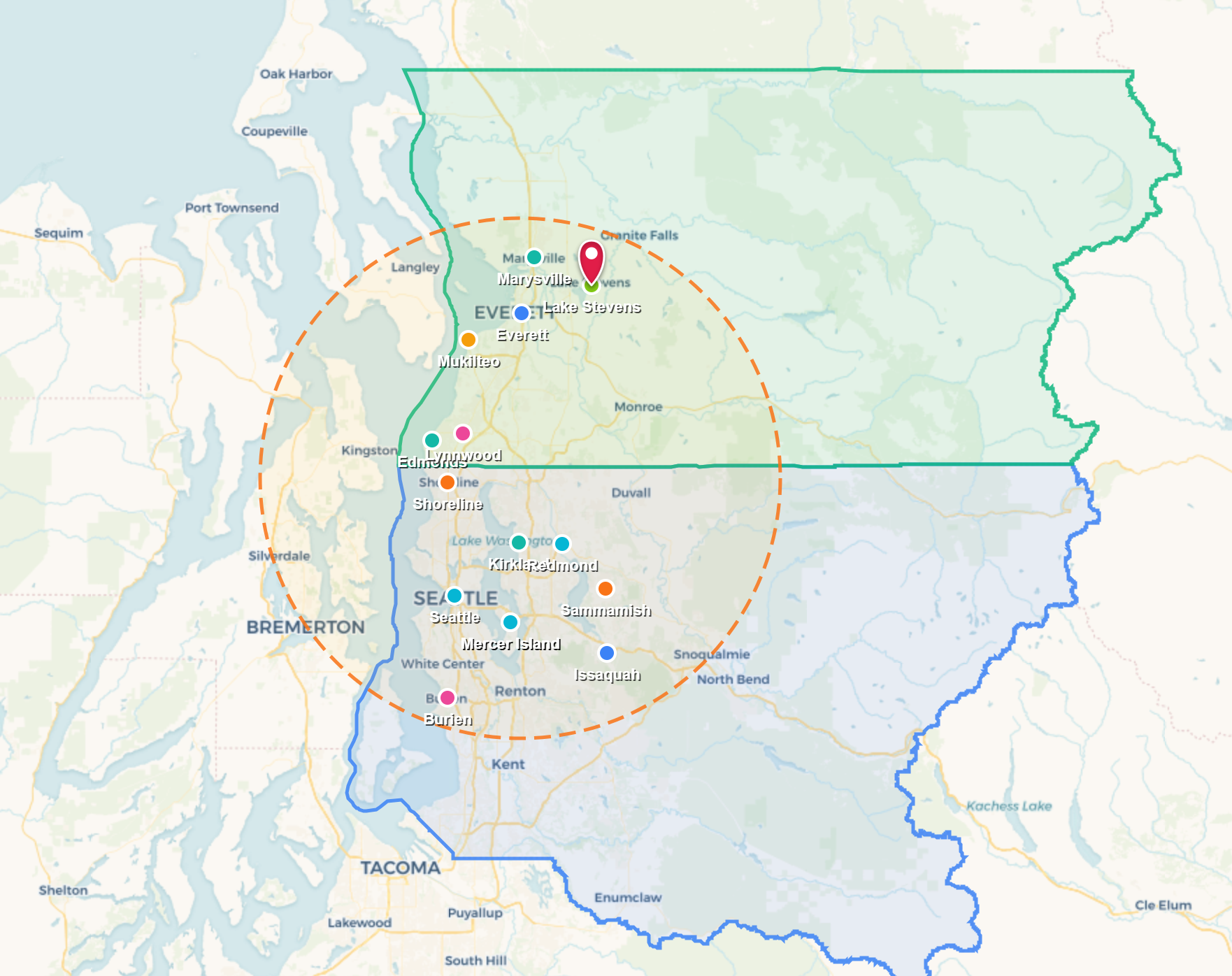 Map with a red pin, blue and green boundary outlines, and an orange circular radius over a city area
