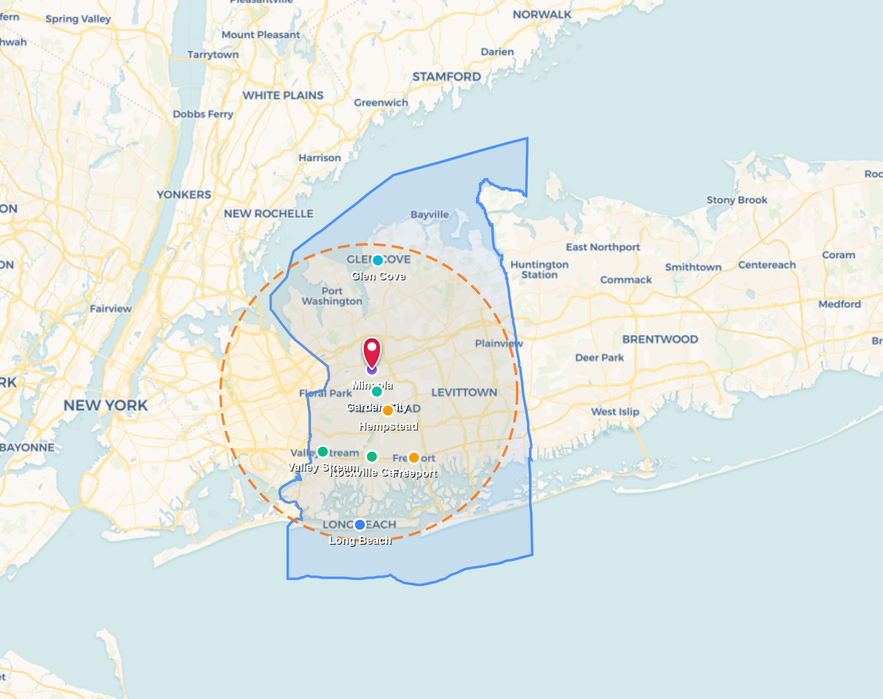 Map with blue and green boundary lines, clustered markers, and a dashed orange search radius centered near a red pin.
