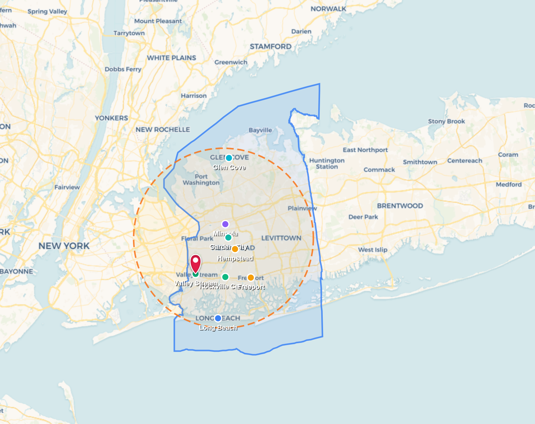 Map showing a large outlined region with multiple location markers and a highlighted circular area.