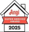 Angi Super Service Award 2025 logo in a house outline with red banner and black text Angi Super Service Award 2025 logo in a house outline with red banner and black text
