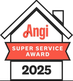 Angi Super Service Award 2025 logo in a house outline with red banner and black text